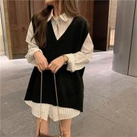 苏芈中长款V领套头针织衫毛衣马甲宽松条纹衬衫秋装小个子下衣失踪女