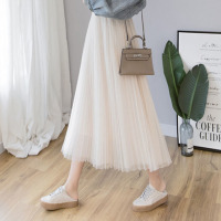 苏芈纱裙女半身裙春装2021年新款网纱裙中长款a字百褶长裙黑色仙女裙