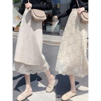 苏芈2021秋冬针织半身裙女春中长款高腰过膝遮胯裙子显瘦蕾丝a字长裙