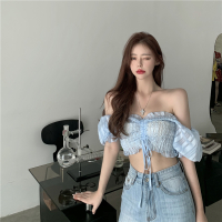 苏芈衬衫女短款修身一字肩性感短袖衬衣春季蓝色设计感小众泡泡袖上衣