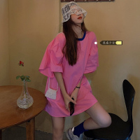 苏芈2021新款韩版宽松粉色喇叭袖女连衣裙设计感小众百搭中长款裙子潮