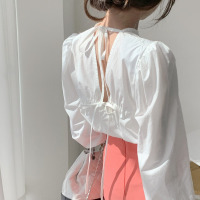 苏芈韩国chic法式小众设计感露背性感系带圆领简约白色衬衫外穿上衣