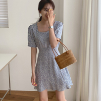 苏芈韩国chic法式小众百搭甜美淑女方领收腰系绳显瘦小个子碎花连衣裙