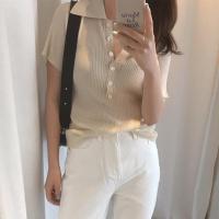 苏芈韩国cins夏季复古百搭polo领修身显瘦薄款上衣女短袖螺纹针织衫潮