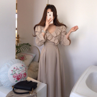 苏芈韩国chic法式小众温柔复古收腰系带纯色v领显瘦高腰荷叶边连衣裙
