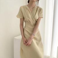 苏芈韩国chic法式小众复古优雅V领系带收腰显瘦过膝长款棉麻连衣裙女