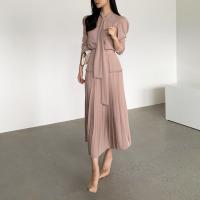 苏芈韩国chic法式小众春秋围巾领衬衫+轻奢高腰显瘦木耳边百褶连衣裙