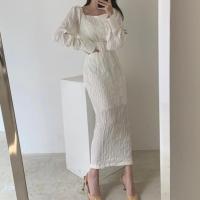 苏芈韩国chic法式小众泡泡袖方领小清新褶皱设计高腰连衣裙女过膝长裙