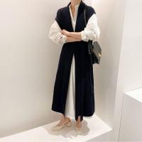 苏芈韩国chic法式小众宽松泡泡袖衬衫式连衣裙+V领绑带收腰针织马甲女