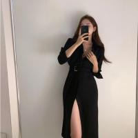 苏芈韩国chic法式小众简约单排扣腰带收腰中长款显瘦高腰气质连衣裙女