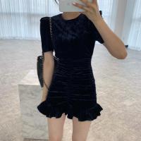 苏芈韩国chic法式小众春夏装小性感高腰修身显瘦丝绒抽褶荷叶边连衣裙