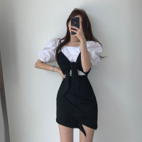 苏芈韩国chic法式小众方领泡泡袖衬衫+系带吊带裹胸+不规则半身裙套装