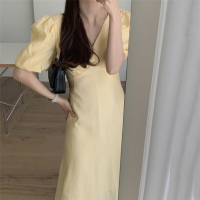 苏芈韩国chic法式小众春夏装复古V领设计显锁骨长款气质款高腰连衣裙
