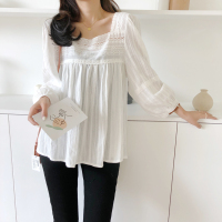 苏芈韩国chic法式小众春秋装甜美气质宽松百搭上衣方领蕾丝勾花衬衫女