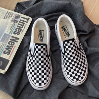 黑白棋盘格帆布鞋男韩版潮流百搭板鞋一脚蹬秋季低帮懒人男鞋潮鞋