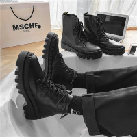 夏季瘦瘦马丁靴男士帅气百搭休闲皮靴厚底增高工装黑色高帮机车靴