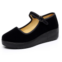 老北京布鞋松糕鞋女黑色平绒厚底软底酒店工作鞋礼仪广场舞妈妈鞋