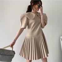 韩国chic法式小众春夏装气质小香风泡泡袖娃娃领长款百褶连衣裙潮