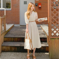 韩国chic法式小众春夏装温柔气质衬衫式连衣裙显瘦V领A字裙配皮带