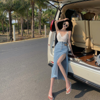2021年春夏季新款小个子高腰显瘦气质牛仔开叉半身中长款裙子女装
