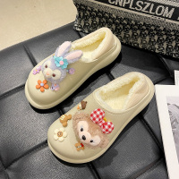 防水棉拖鞋女冬包跟居家室内保暖加绒卡通可爱小兔子毛绒外穿棉鞋