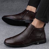 马丁靴2021年新款男冬季保暖加绒皮拉链款中高帮皮靴