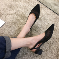 婕秘凉鞋女仙女风2021年新款夏天百搭网纱波点尖头粗跟中高跟鞋潮