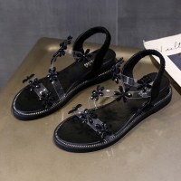 婕秘水钻花朵凉鞋女夏天仙女风坡跟2021年新款时尚平底罗马凉鞋ins潮