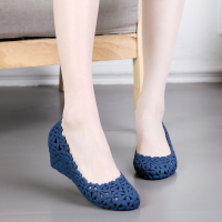 婕秘2020新款坡跟塑料凉鞋镂空花朵中跟果冻鞋百搭包头沙滩鞋女夏