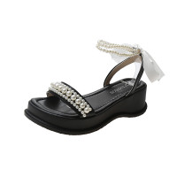 婕秘珍珠凉鞋女2021年新款夏季韩版仙女风平底罗马法式小香软厚底鞋子