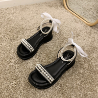 婕秘凉鞋女夏季2021年新款网红火时尚百搭珍珠一字带厚底松糕鞋