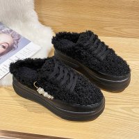 婕秘毛毛鞋加绒厚底半拖鞋外穿休闲包头松糕内增高2021年冬季新款女鞋