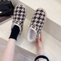 婕秘雪地靴女2021年冬季新款加绒加厚千鸟格百搭保暖棉鞋短筒棉靴