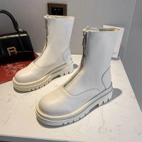 婕秘白色马丁靴女秋冬加绒2021年新款英伦风前拉链厚底瘦瘦短单靴