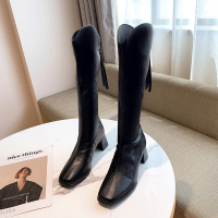 婕秘不过膝长靴女2021年春秋新款方头粗跟白色高筒小众瘦瘦骑士长筒靴