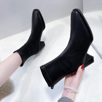 婕秘短靴女春秋单靴2021新款百搭方头粗跟高跟英伦风显瘦后拉链马丁靴