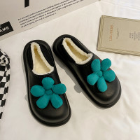 婕秘花朵鞋女冬2021秋冬新款网红百搭厚底豆豆鞋加绒保暖面包鞋