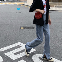 述雅春季复古高腰宽松直筒裤牛仔裤女BF风裤脚开叉显瘦拖地长裤阔腿裤