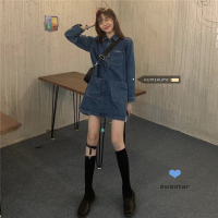 述雅减龄复古多口袋学生牛仔裙女装裙子新款2021春装显瘦Polo领连衣裙