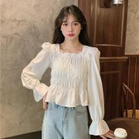 述雅法式衬衫女春装2021年新款短款设计感小众锁骨方领白色泡泡袖上衣