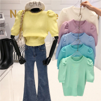 述雅泡泡袖针织衫女2020冬季新款韩版气质显瘦修身圆领糖果色内搭上衣