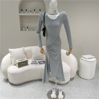 述雅韩版气质皱褶连衣裙女2021春夏新款修身包臀收腰显瘦休闲一步长裙