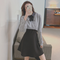 述雅套装裙子两件套松本丧丧格子上衣短款衬衫+内搭吊带A字收腰小黑裙