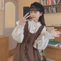 述雅炸街减龄时尚两件套日系复古抽绳吊带连衣裙百搭衬衫荷叶边套装裙