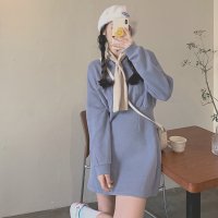 述雅韩版宽松灰色卫衣裙撞色围巾领百搭中长款打底裙洋气矮个子连衣裙