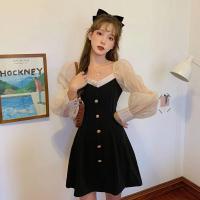 述雅短款裙子女初秋新款收腰显瘦气质法式设计感小众网纱泡泡袖连衣裙