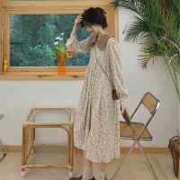 述雅甜美风女装小清新春装新款撞色翻领灯笼袖韩版宽松雪纺碎花连衣裙