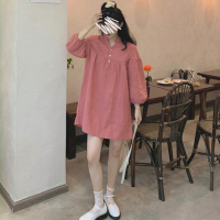 述雅红色洋气裙子宽松韩版灯笼袖复古衬衫裙小个子可爱连衣裙2021春款