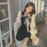 述雅黑色裙子法式赫本风气质甜美网纱泡泡袖系带方领收腰a字连衣裙女