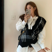 述雅胖MM早春新款港风套装女复古chic大码女装心机百搭针织马甲两件套